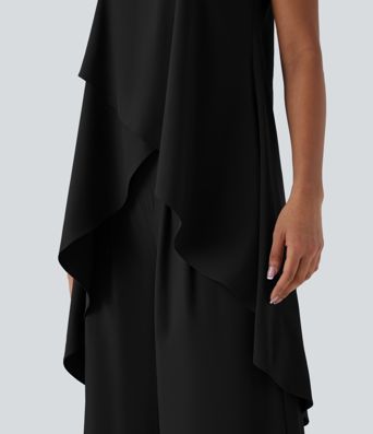 Breezeful™ V Neck Crossover Ruffle Hem Flowy High Low Longline Quick Dry Tank Top