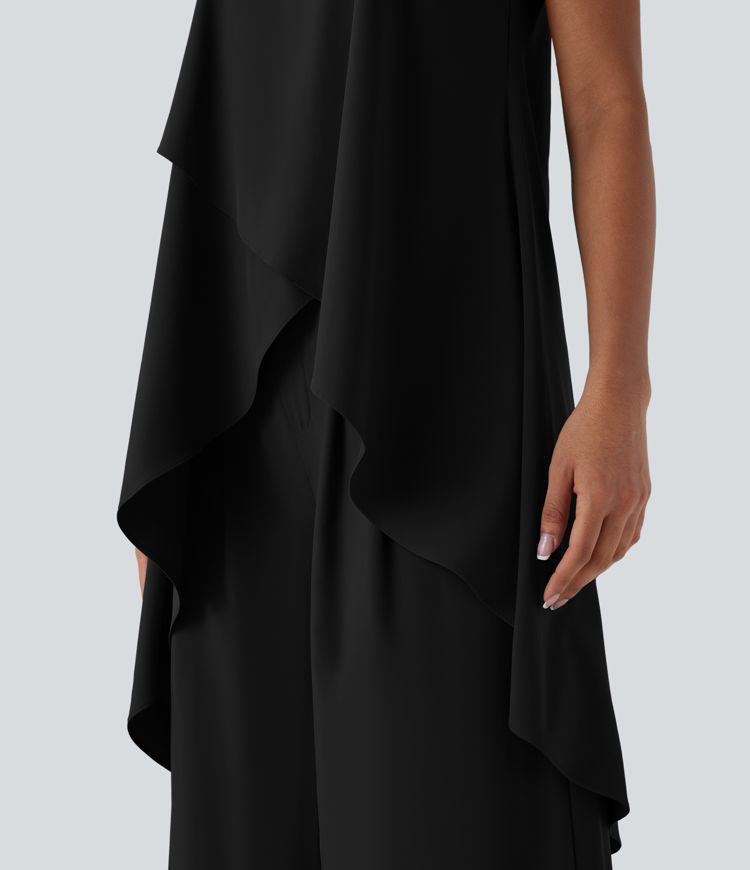 Breezeful™ V Neck Crossover Ruffle Hem Flowy High Low Longline Quick Dry Tank Top