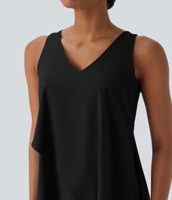 Breezeful™ V Neck Crossover Ruffle Hem Flowy High Low Longline Quick Dry Tank Top