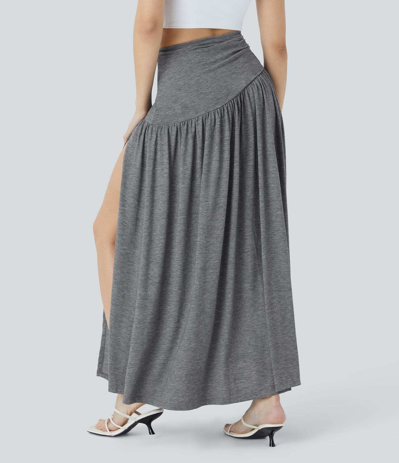 Super high waist pleated decorative split maxi vacation look skirt