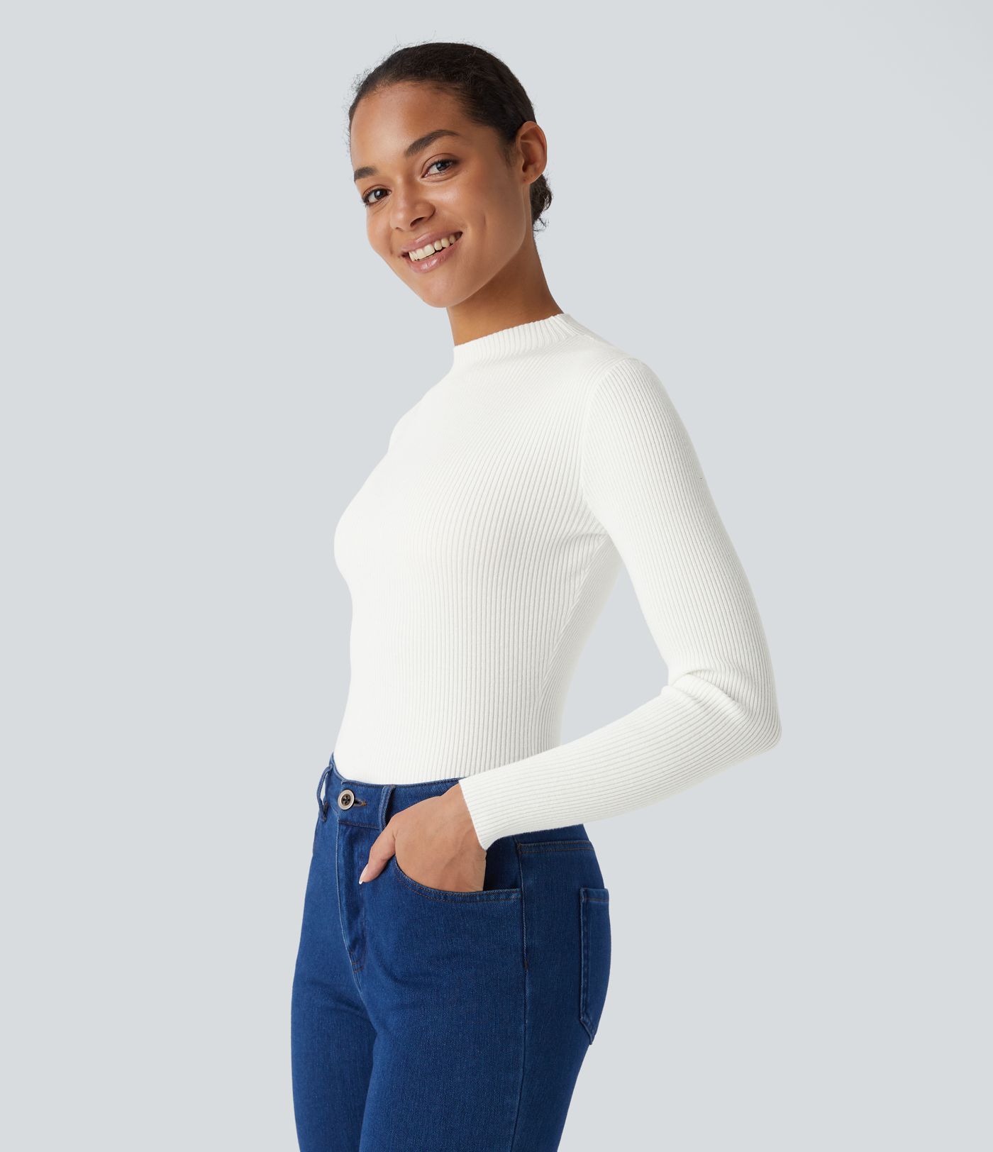 Ribbed Knit Round Neck Long Sleeve Casual Sweater