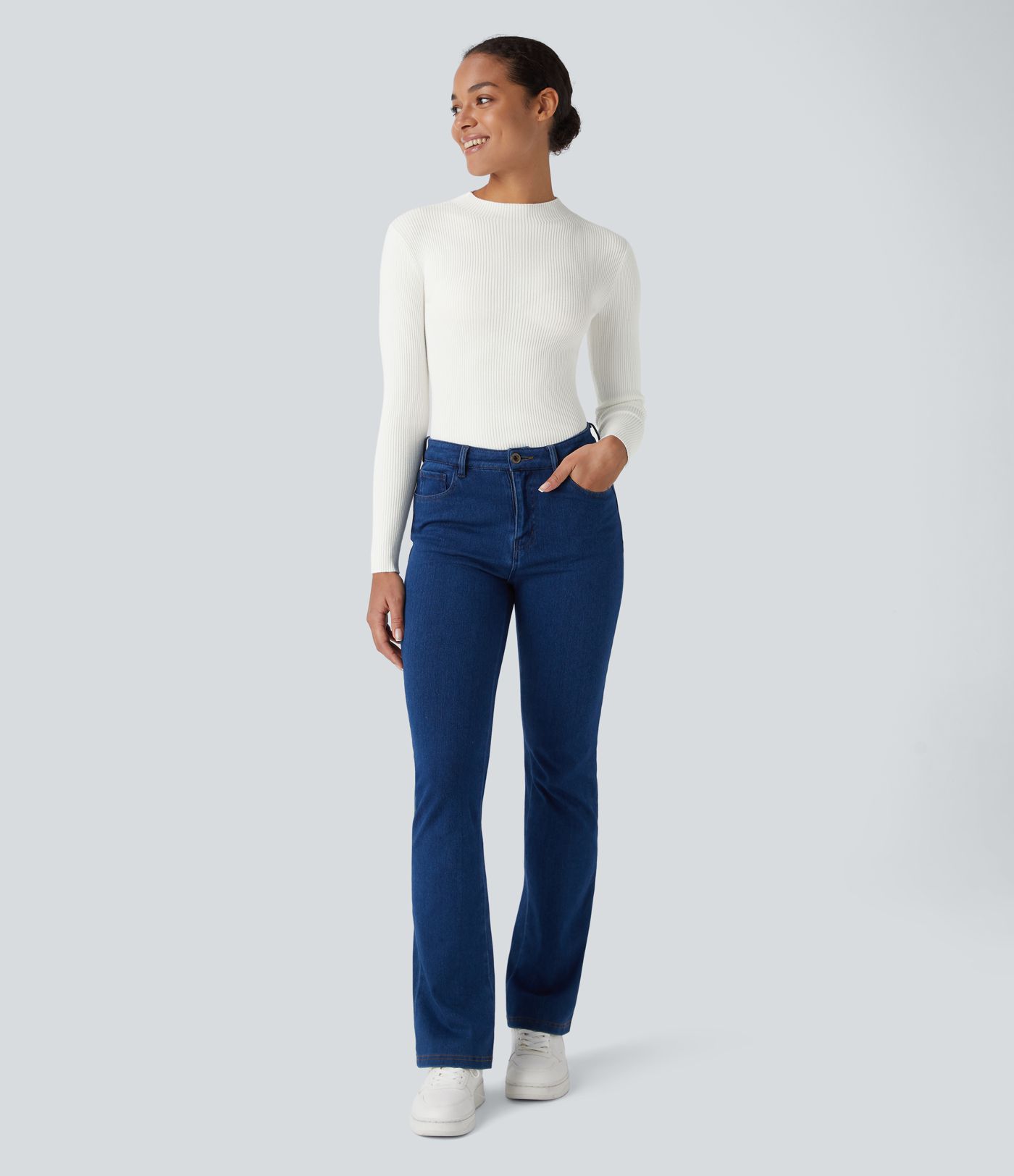 Ribbed Knit Round Neck Long Sleeve Casual Sweater