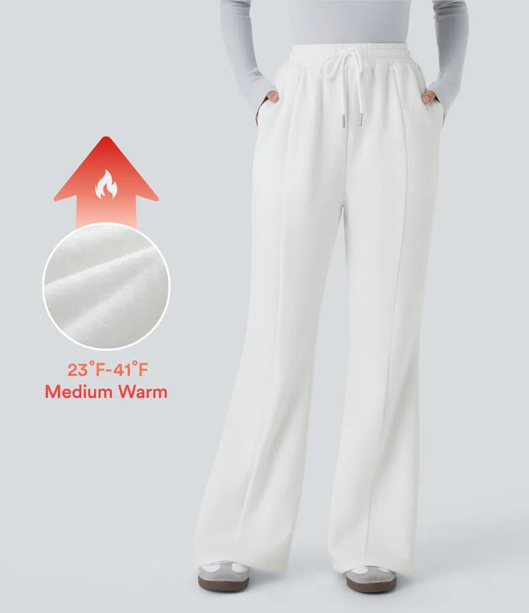 High Waisted Drawstring Side Pocket Fleece Casual Flare Pants
