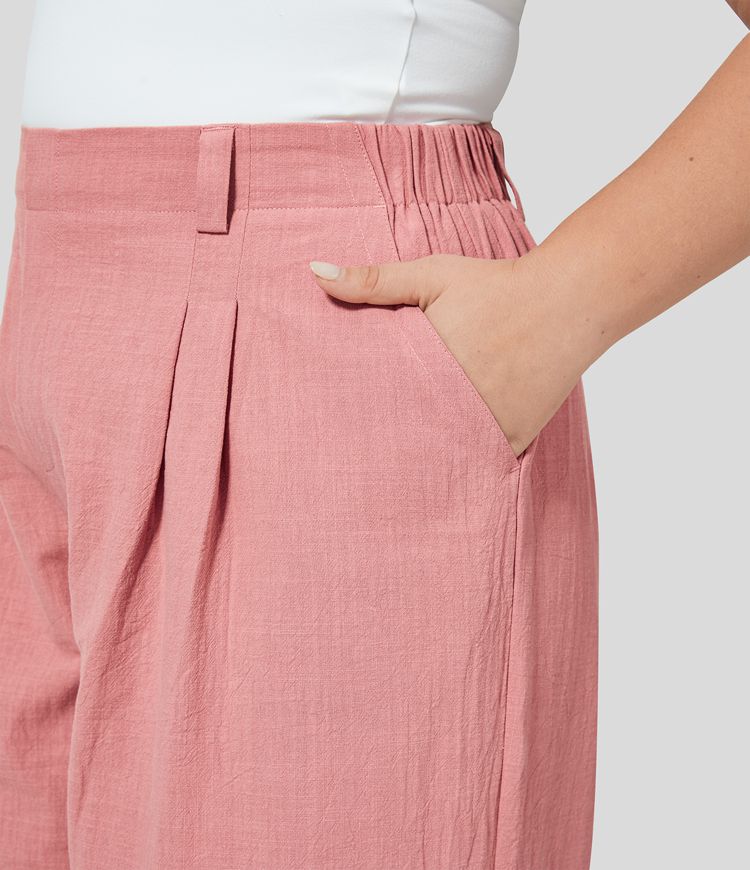 Women s High Waisted Plicated Side Pocket Wide Leg Flowy Casual Cotton 