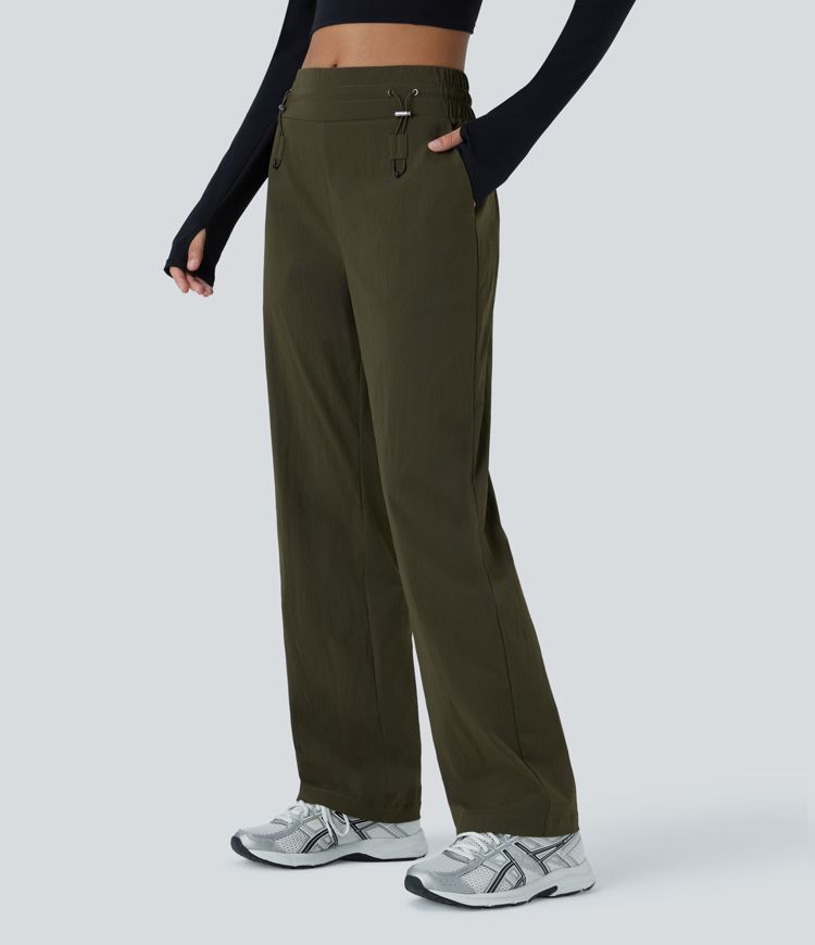 Abrasion resistant Mid-rise Adjustable drawcord Side pockets Straight leg casual pants