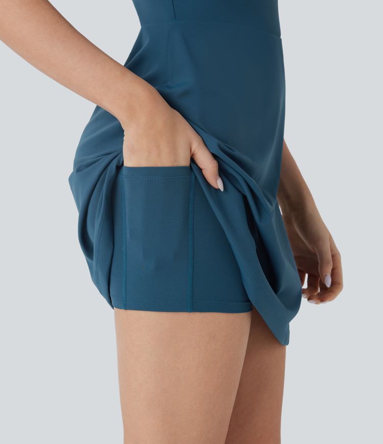 Mini Vestido Softlyzero™ Airy activo yoga sin espalda cruzado cuello V profundo 2 en 1 bolsillo lateral tacto fresco