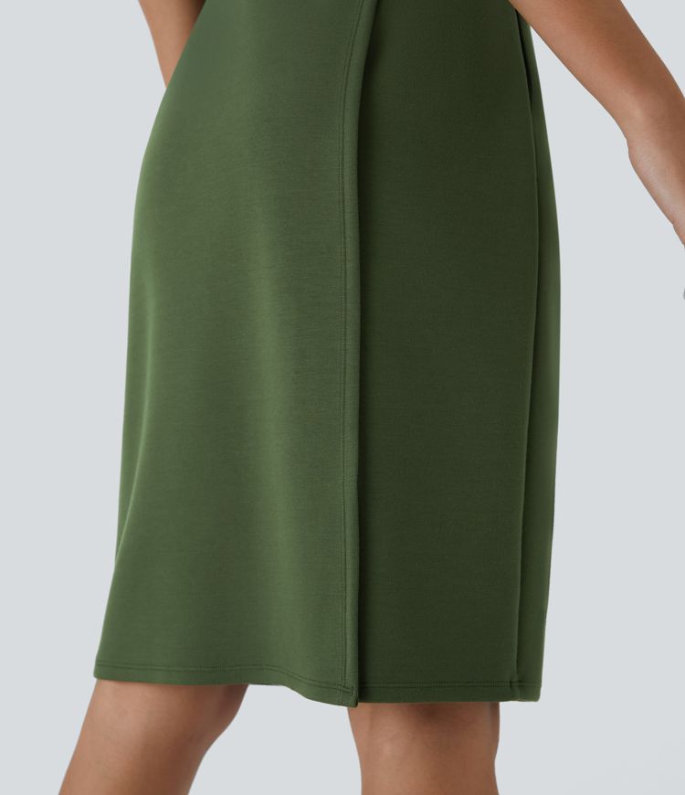 Vestido midi manga corta bolsillo lateral pliegue