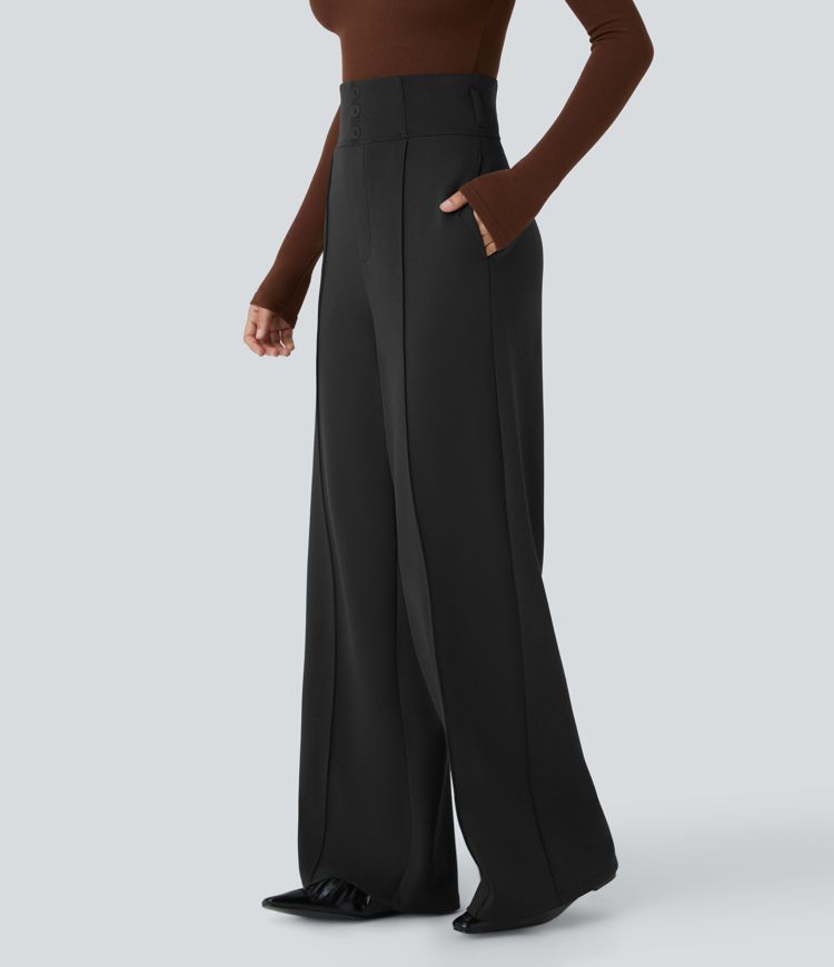 Pantalon décontracté taille très haute avec boutons décoratifs et poches latérales