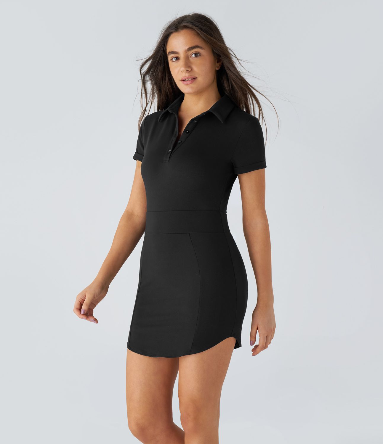 Robe Golf Sport Mini à Manches Courtes Boutonnées avec Col Ourlet Courbé et Poches Latérales