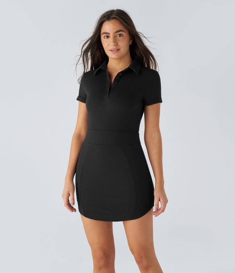 Robe Golf Sport Mini à Manches Courtes Boutonnées avec Col Ourlet Courbé et Poches Latérales