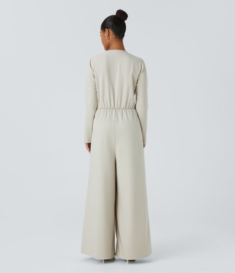 Mono pierna ancha bolsillo lateral cruzado manga larga cuello V botón