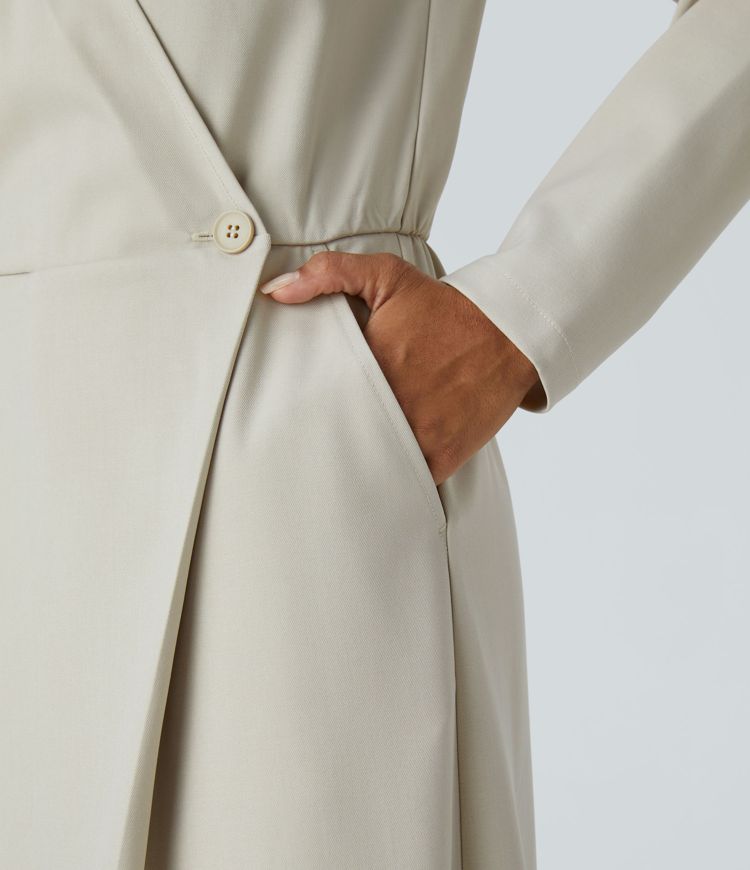 Mono pierna ancha bolsillo lateral cruzado manga larga cuello V botón