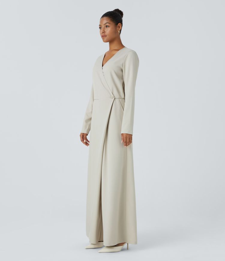 Mono pierna ancha bolsillo lateral cruzado manga larga cuello V botón