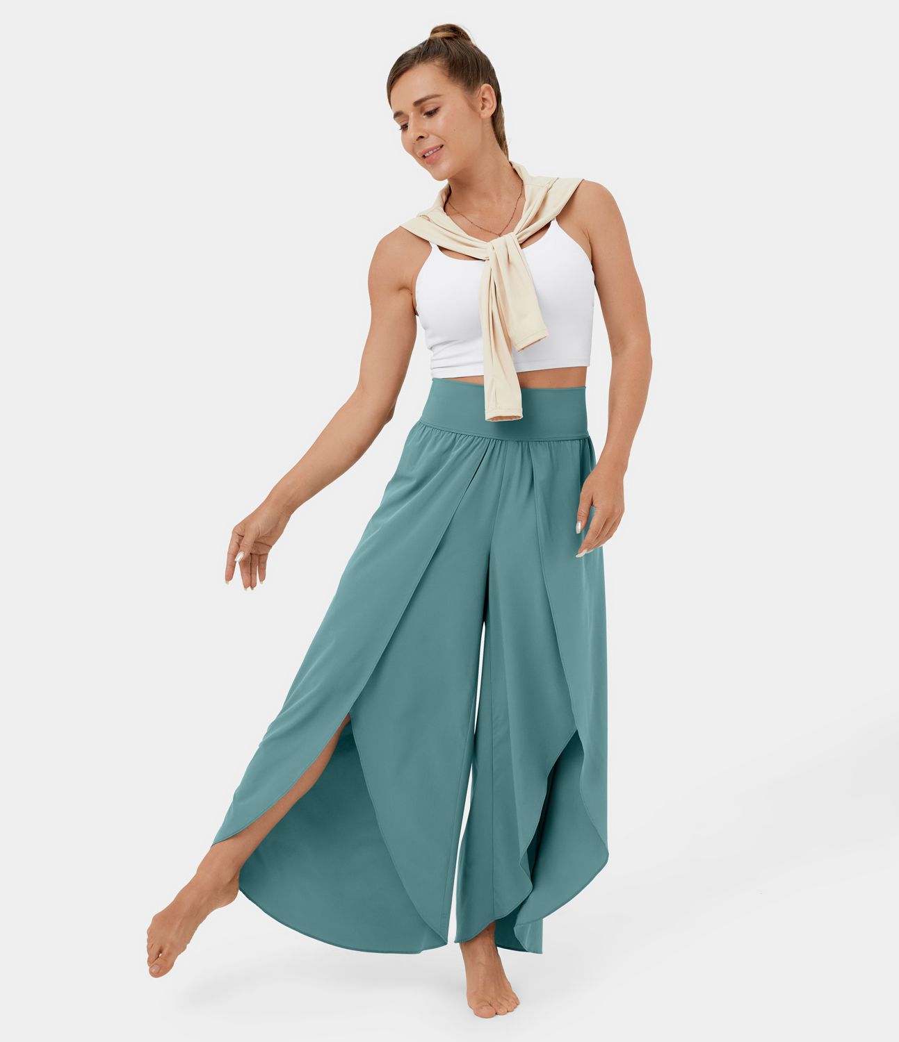 Breezeful™ High Waisted Back Waistband Pocket Palazzo Flowy Split Wide Leg Quick Dry Casual Pants