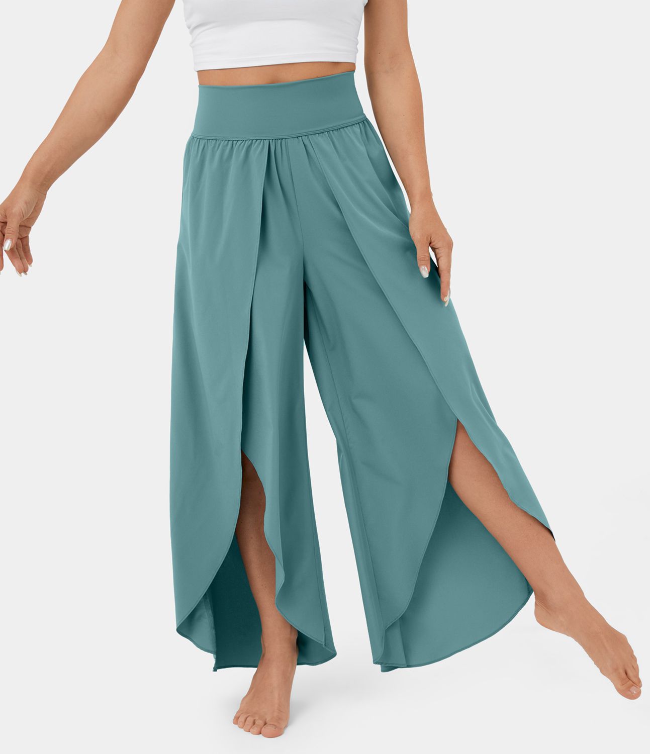 Breezeful™ High Waisted Back Waistband Pocket Palazzo Flowy Split Wide Leg Quick Dry Casual Pants