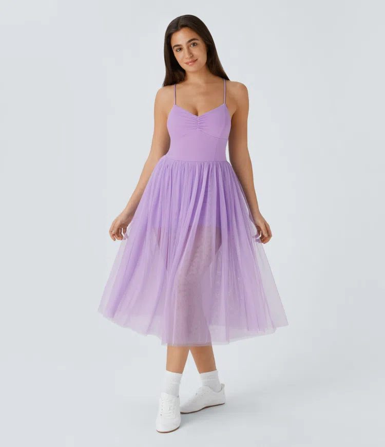 V Neck Ruched Lace Up Contrast Mesh Midi Casual Dress