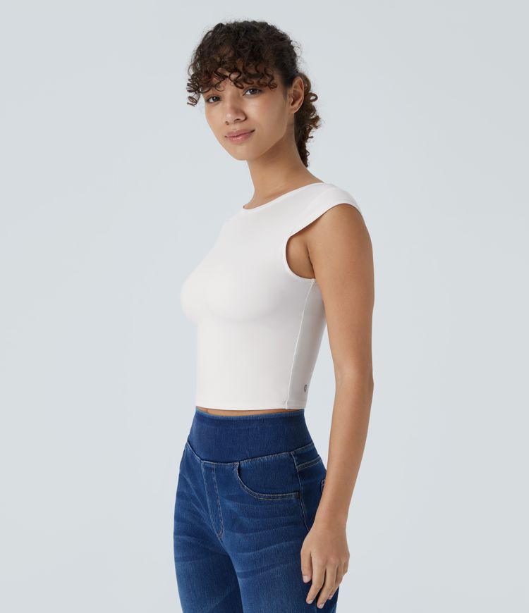 Softlyzero™ Boat Neck Cap Sleeve Backless Cropped Casual T-Shirt-UPF50+