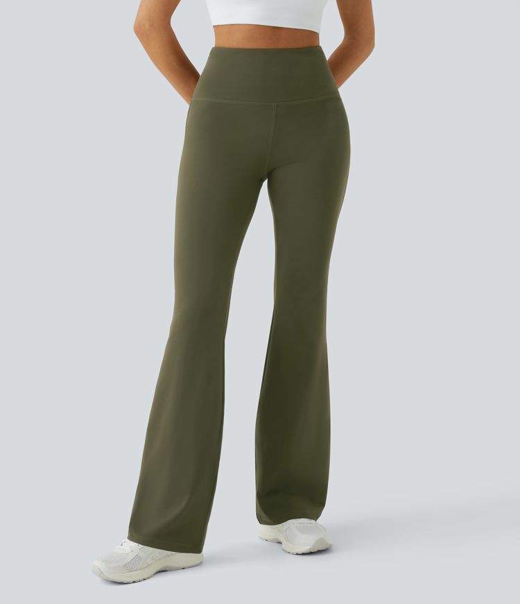 High Waisted Back Pocket Plain Slight Flare Leggings