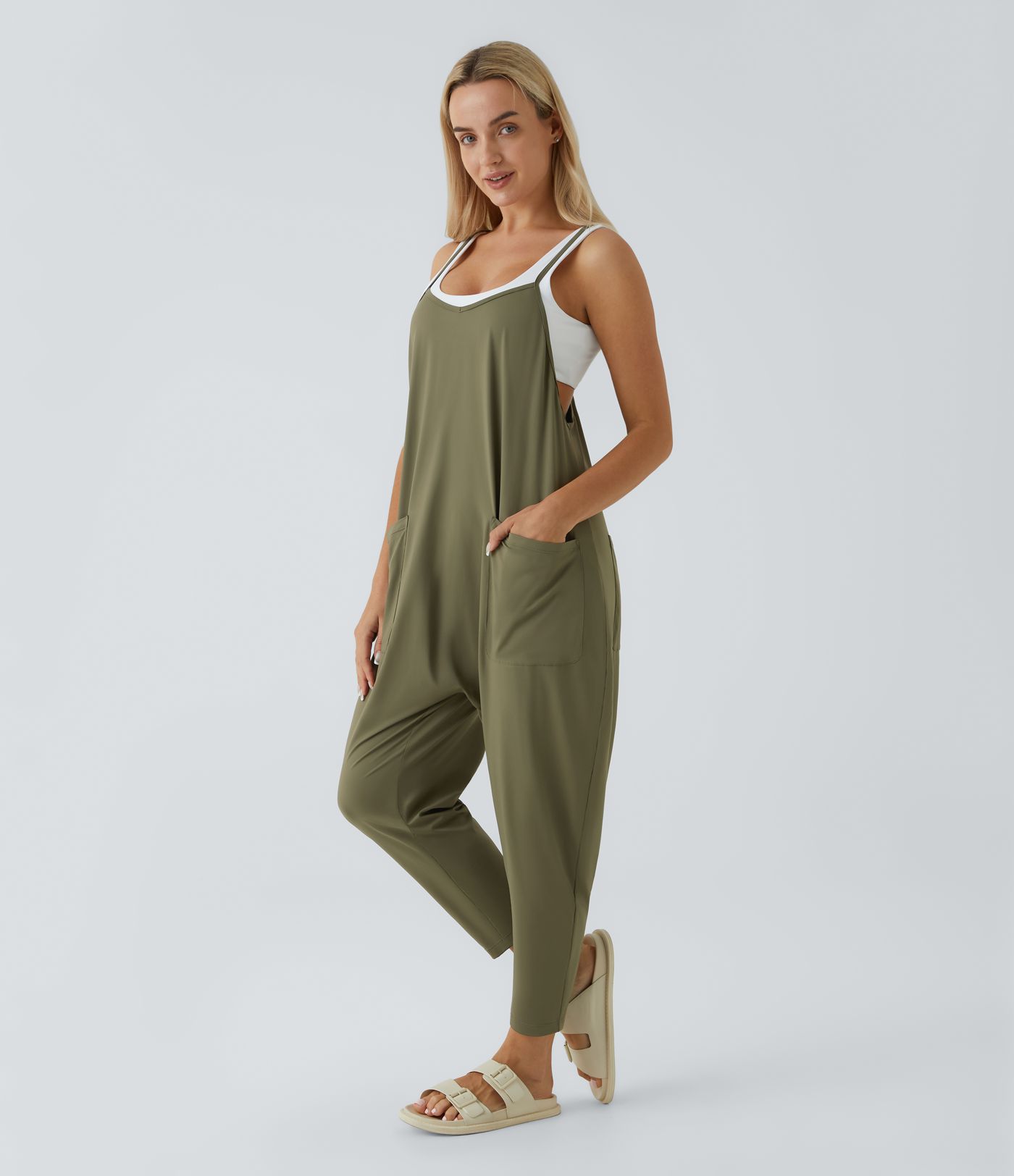 Backless Multi-Pocket Ankle-Length Casual Loose Tapered Jumpsuit
