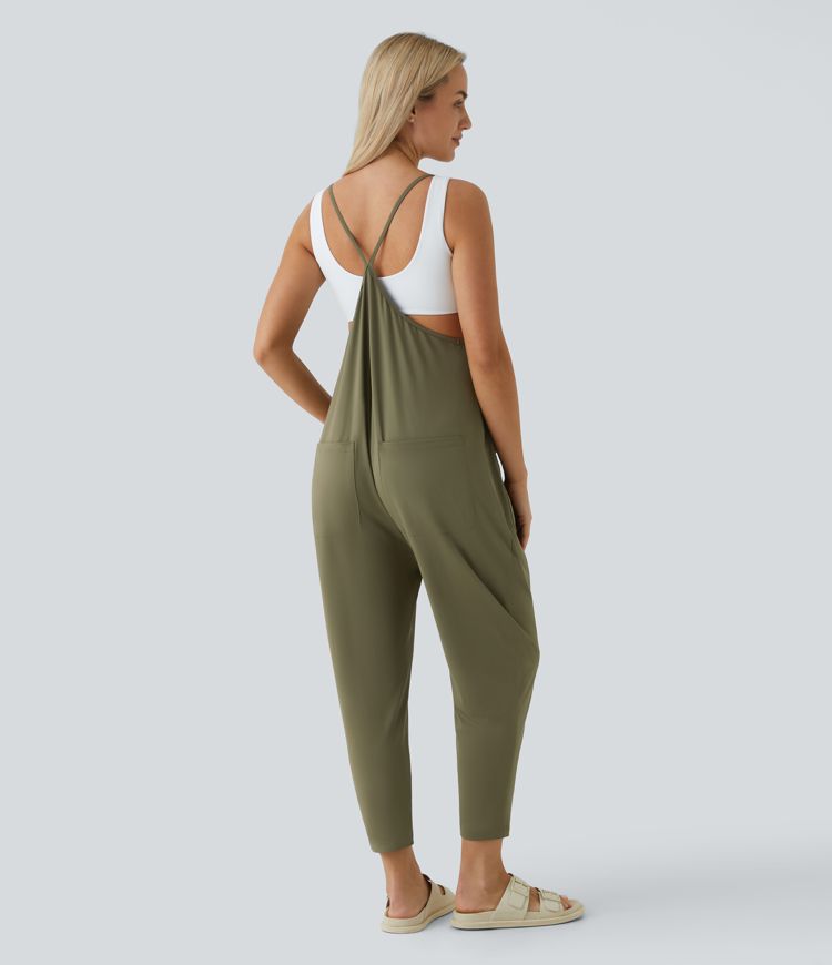 Backless Multiple Pockets Ankle Length Casual Loose Tapered Jumpsuit
