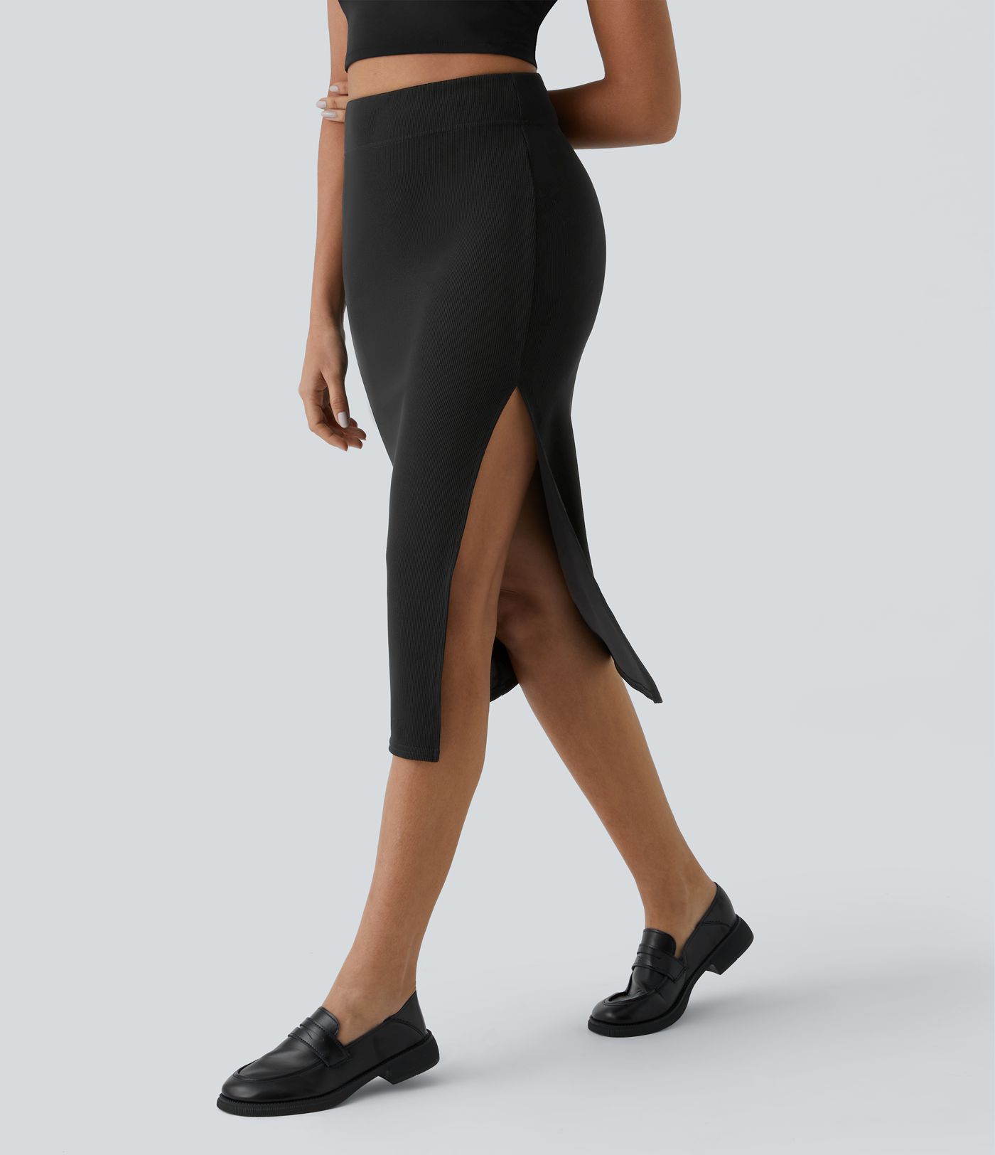 Ribbed High Waisted Split Bodycon Midi Casual Skirt