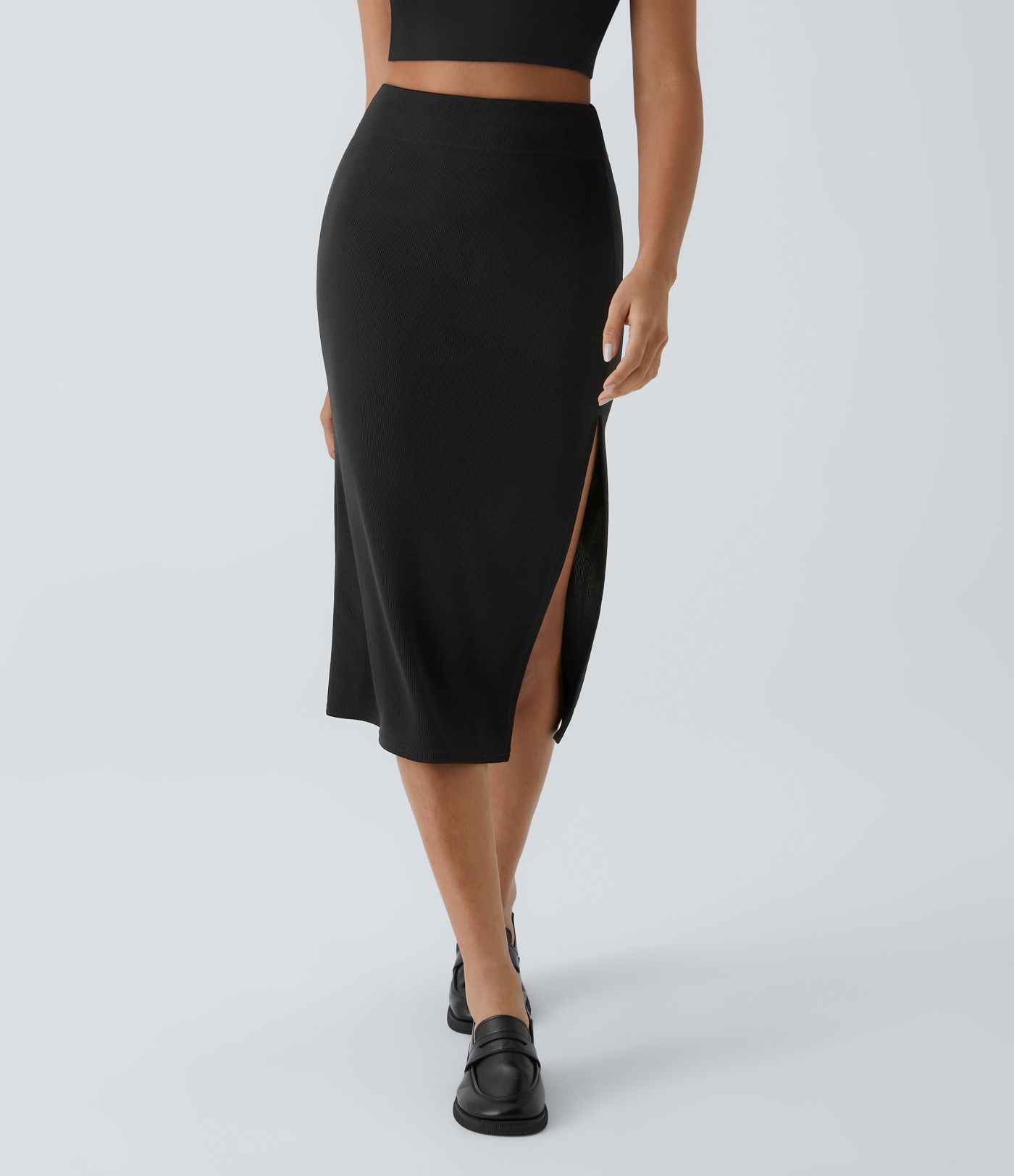 Ribbed High Waisted Split Bodycon Midi Casual Skirt