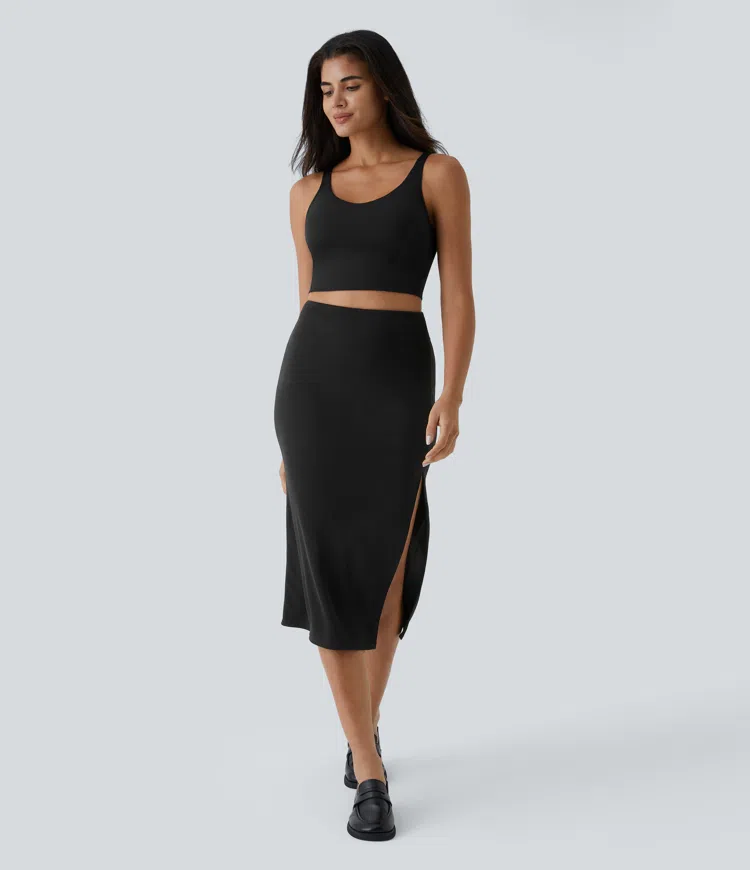 Ribbed High-Waist Split Bodycon Midi Casual Skirt