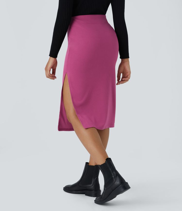 Gerippter, schmaler Cord-Midi-Bleistiftrock mit hohem Bund und Schlitz