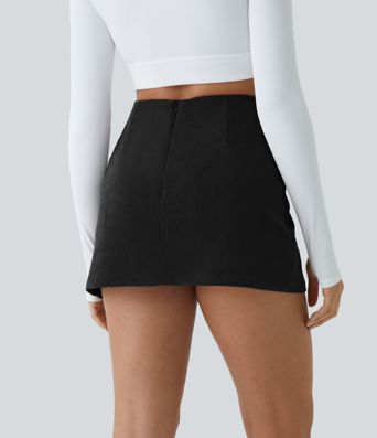 High Waisted Back Zipper Split Hem 2-in-1 Corduroy Casual Skirt