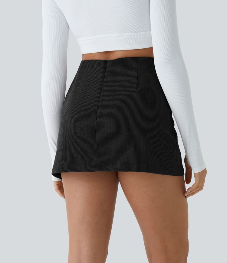 High Waisted Back Zipper Split Hem 2-in-1 Corduroy Casual Skirt