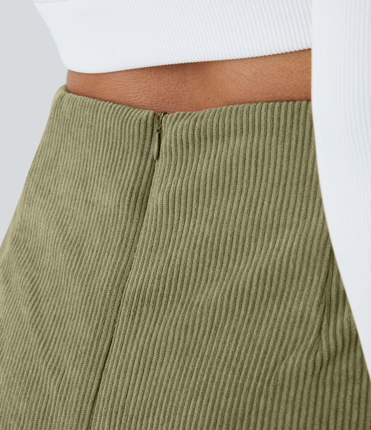 High Waisted Back Zipper Hem 2-in-1 Corduroy Women Casual Skirt