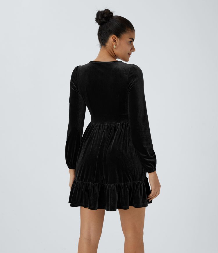 Everyday Deep V Neck Long Sleeve Ruffled Hem Velvet Mini Chill Dress
