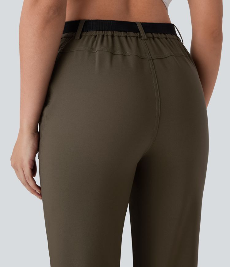 Pantalón senderismo tiro alto repelente agua cinturón bolsillo lateral cremallera pierna recta cordón ajustable