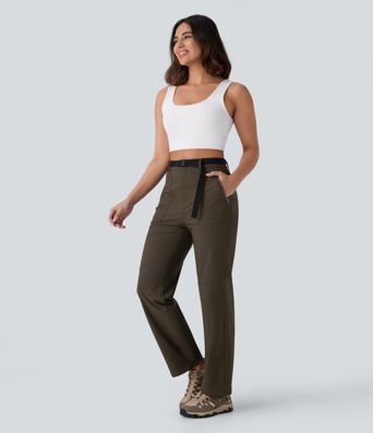 Pantalón senderismo tiro alto repelente agua cinturón bolsillo lateral cremallera pierna recta cordón ajustable