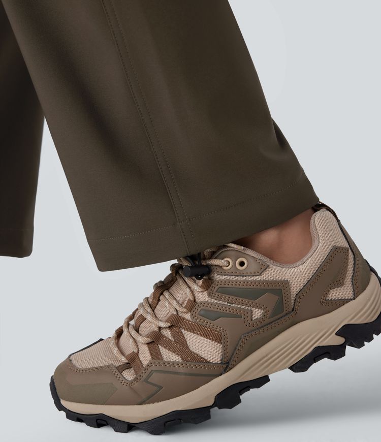 Pantalón senderismo tiro alto repelente agua cinturón bolsillo lateral cremallera pierna recta cordón ajustable