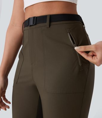 Pantalón senderismo tiro alto repelente agua cinturón bolsillo lateral cremallera pierna recta cordón ajustable