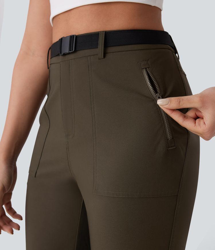 Pantalón senderismo tiro alto repelente agua cinturón bolsillo lateral cremallera pierna recta cordón ajustable