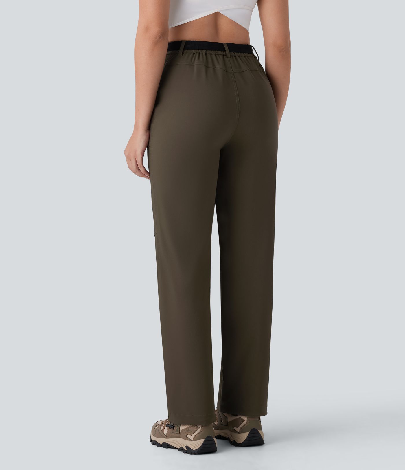 Pantalón senderismo tiro alto repelente agua cinturón bolsillo lateral cremallera pierna recta cordón ajustable