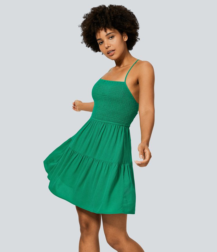 Backless Cross Adjustable Strap Shirring Pleated Loose Mini Linen-like Casual Dress