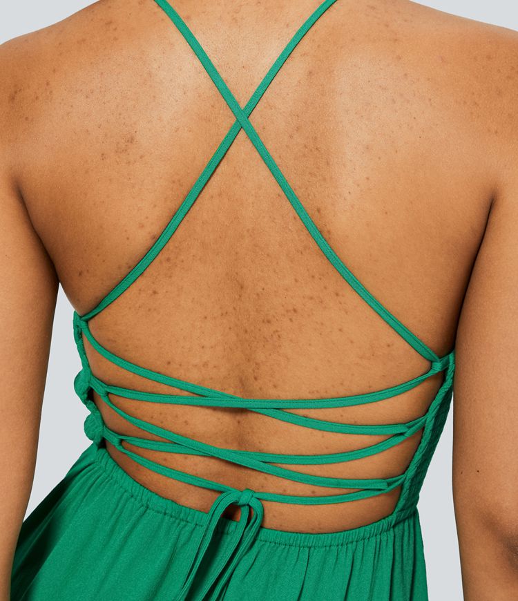 Backless Cross Adjustable Strap Shirring Pleated Loose Mini Linen-like Casual Dress