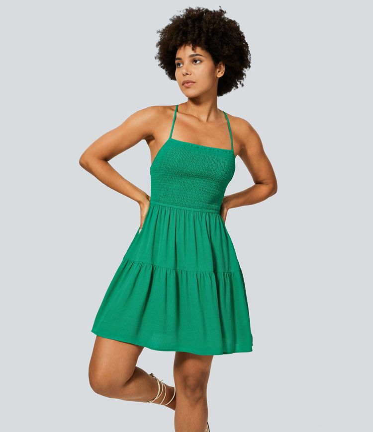 Backless Cross Adjustable Strap Shirring Pleated Loose Mini Linen-like Casual Dress