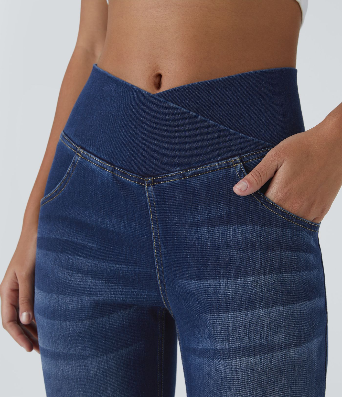 Halara Flex™ High-Rise Crossed Elastic Flare Denim Jeans in Bleached with Pockets