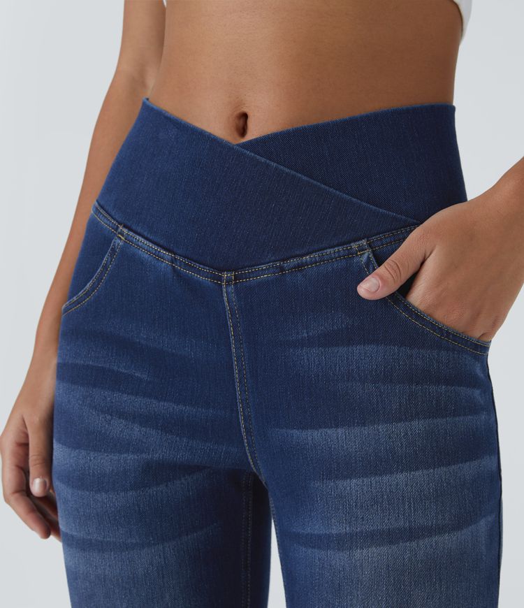 Halara Flex™ Jean Évasé à Taille Haute avec Poche Crossover Tissu Élastique Lavé