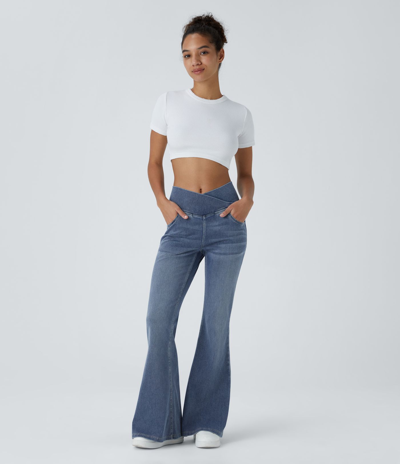 Halara Flex™ High Waisted Crossover Pocket Washed Casual Flare Jeans