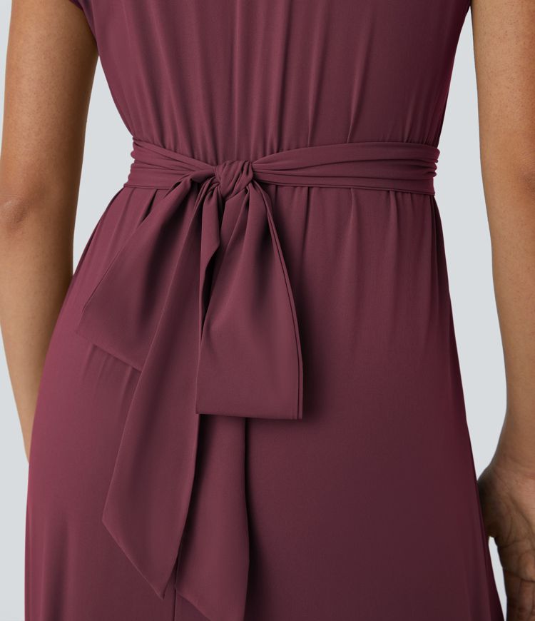 Breezeful™ V Neck Short Sleeve Side Pocket Tie Back Quick Dry Midi Casual Dress-Longer Length
