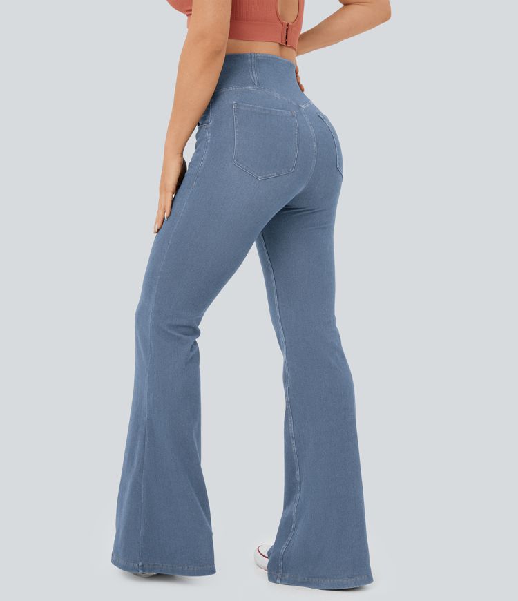 Halara Flex™ High Waisted Crossover Pocket Cool Touch Washed Stretchy Knit Casual Super Flare Jeans