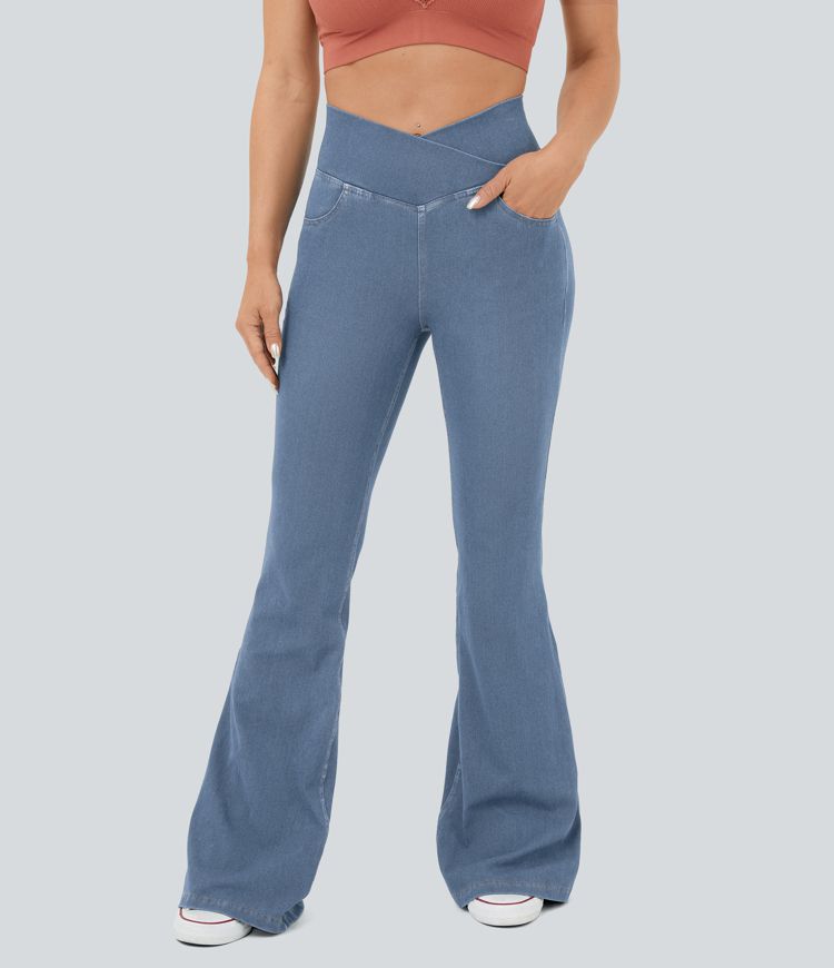 Halara Flex™ High Waisted Crossover Pocket Cool Touch Washed Stretchy Knit Casual Super Flare Jeans