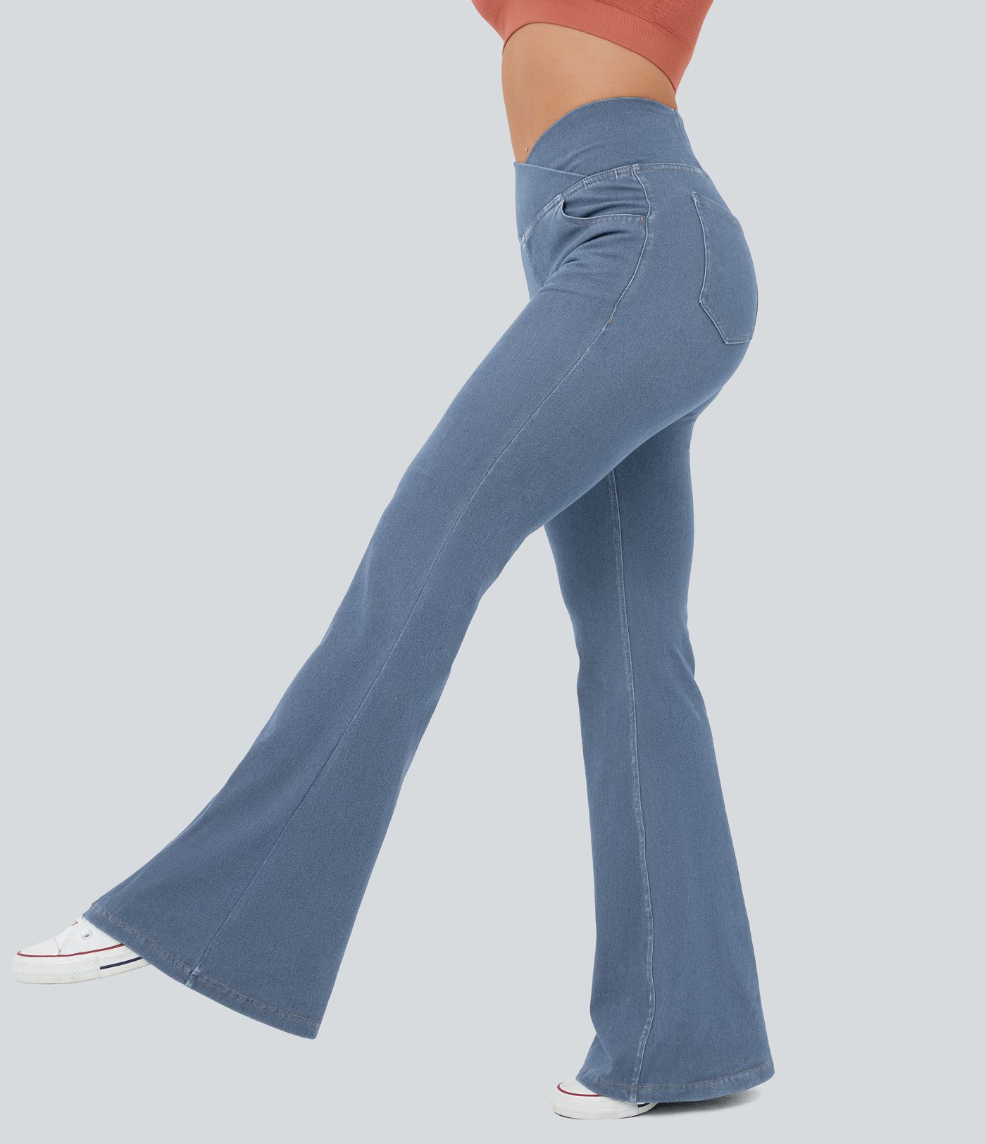 Jeans Halara Flex™ Denim súper acampanado elástico lavado bolsillo cruzado tiro alto