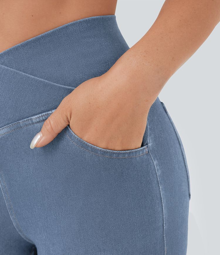 Jeans Halara Flex™ Denim súper acampanado elástico lavado bolsillo cruzado tiro alto