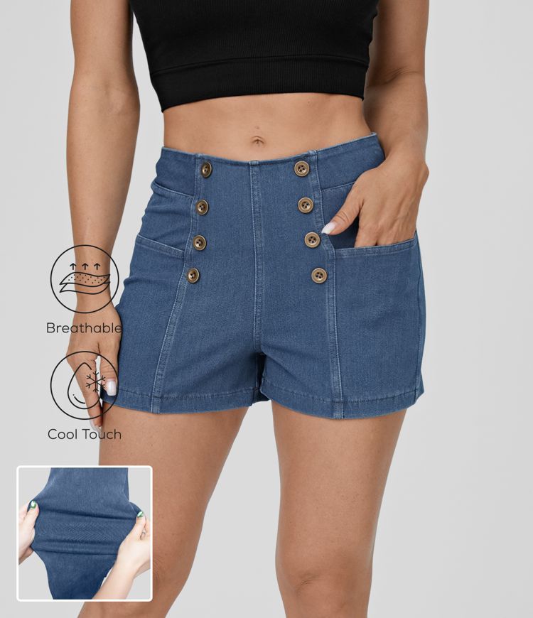 Halara Flex™ Short 2,5" en Denim Tricot Extensible Lavé Respirant à Taille Haute avec Boutons et Multiples Poches Toucher Frais